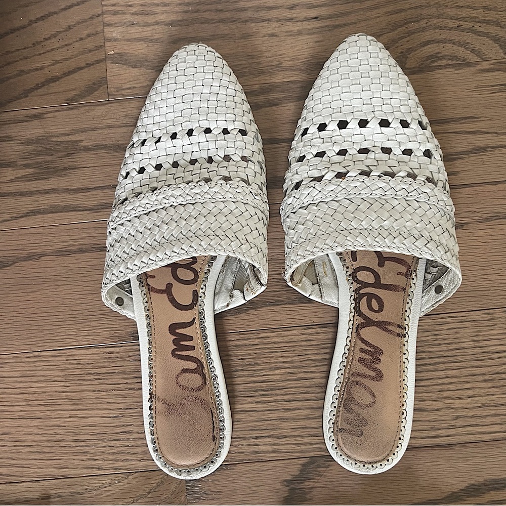 Sam Edelman Natalya White Leather Woven Slide Flats | Size 8.5